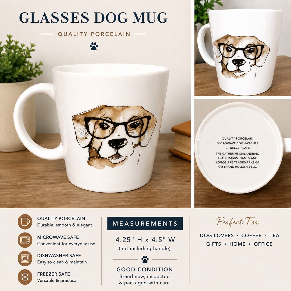 Catherine Malandrino Dog with Glasses Porcelain Coffee Mug 4.25" Cute Gift EUC!!